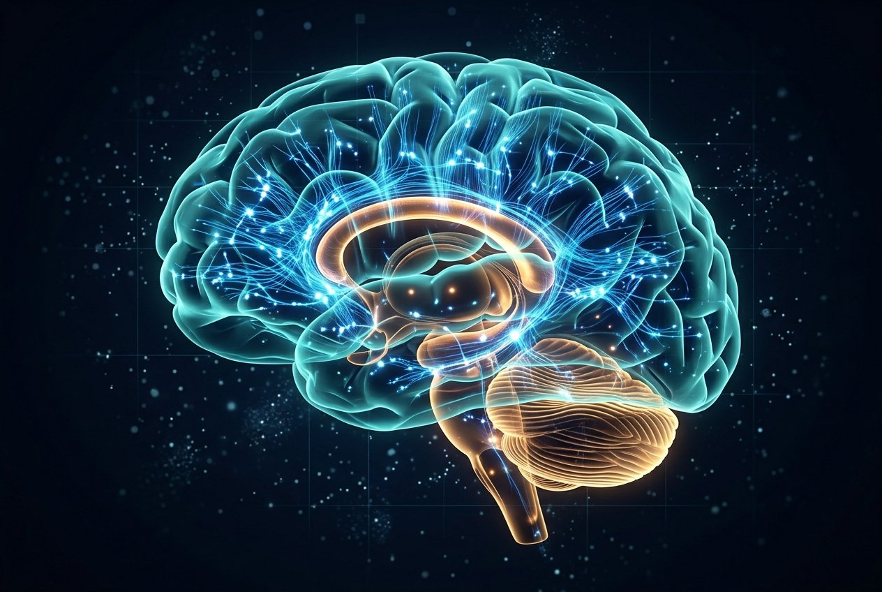 Brain with neural pathways, fiber tracts and deep structures