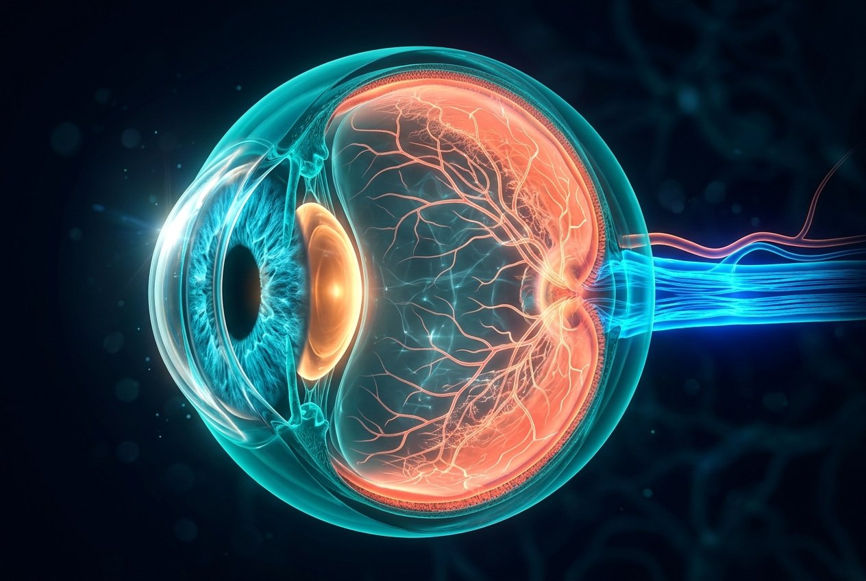 Eye cross-section with lens, retina, optic nerve and vasculature