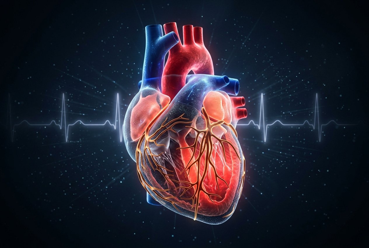 Heart with four chambers, coronary arteries and ECG waveform