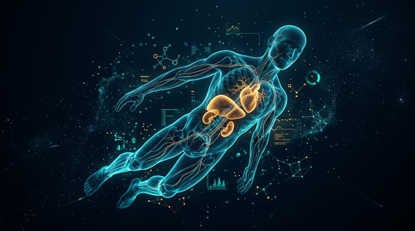 3D digital twin of the human body with organs highlighted and circulatory system traced