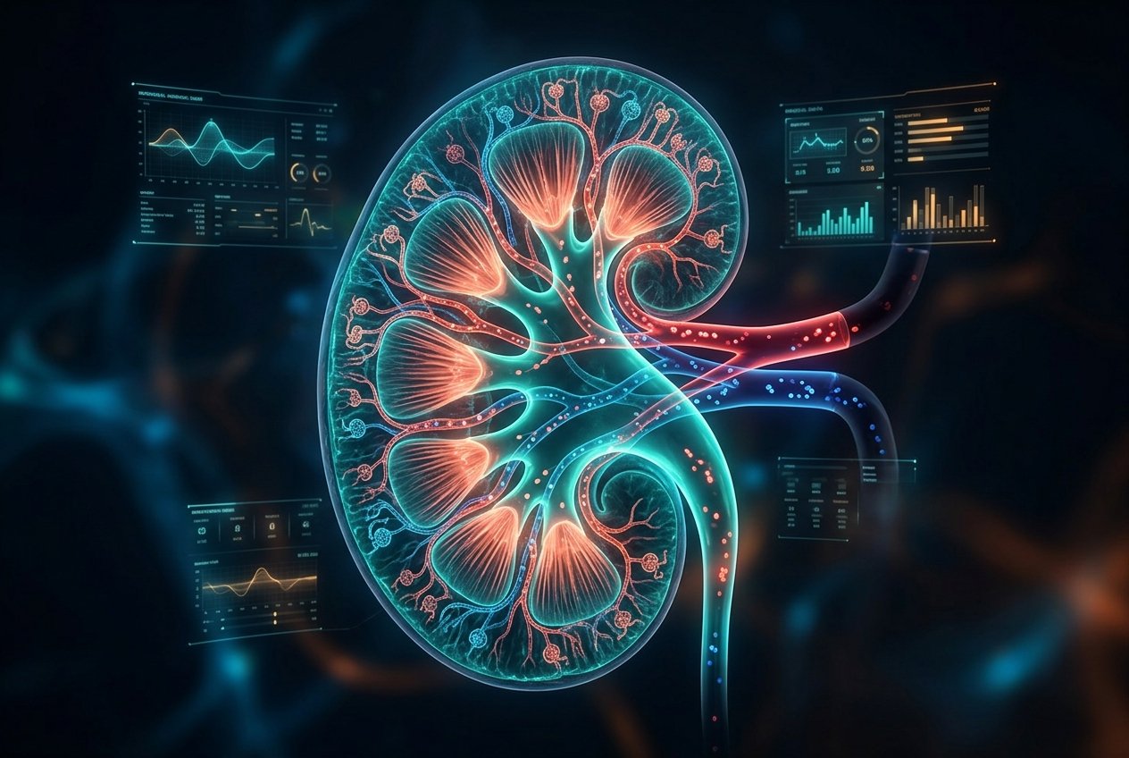 Kidney with internal architecture — cortex, medulla, pyramids and blood flow