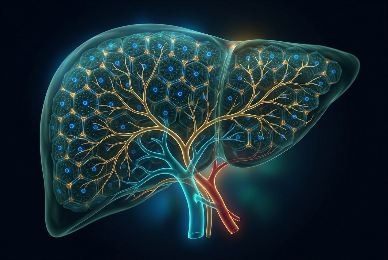 Liver cross-section showing hexagonal lobules, biliary tree and dual blood supply